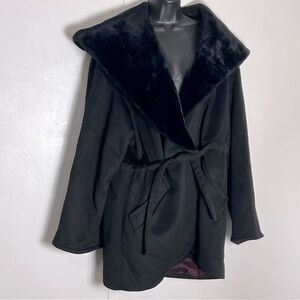 Vintage 80s Black Coat Wrap Faux Fur Hood Oversized Shawl Collar Lorov’s XS